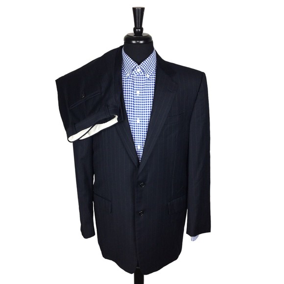Hickey Freeman Madison Men 42L Blue/Brown Striped 2PC Suit Pleated Pant 34x29